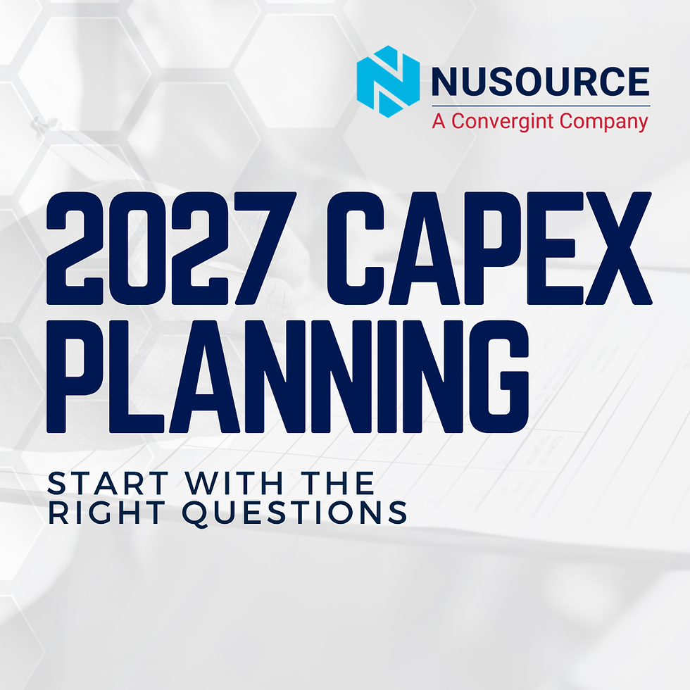 Nusource title slide with hexagon logo and text 2027 CAPEX PLANNING: START WITH THE RIGHT QUESTIONS on a light gray background