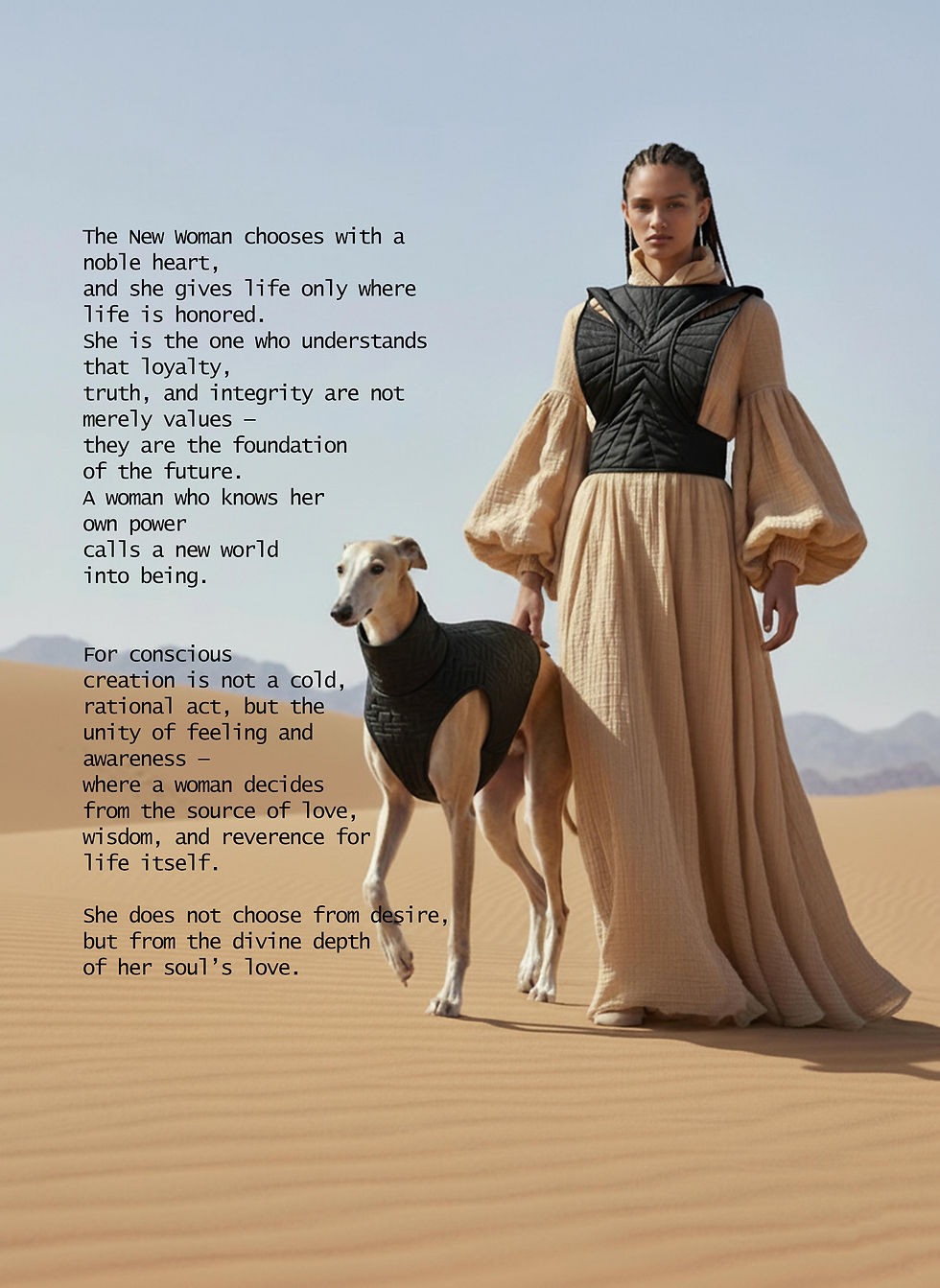 desert and futuristic black vest fashion with dog and woman. The woman wearing a black crop geometric black vest, and maxi beige dress. Next to a greyhound wear a black vest too