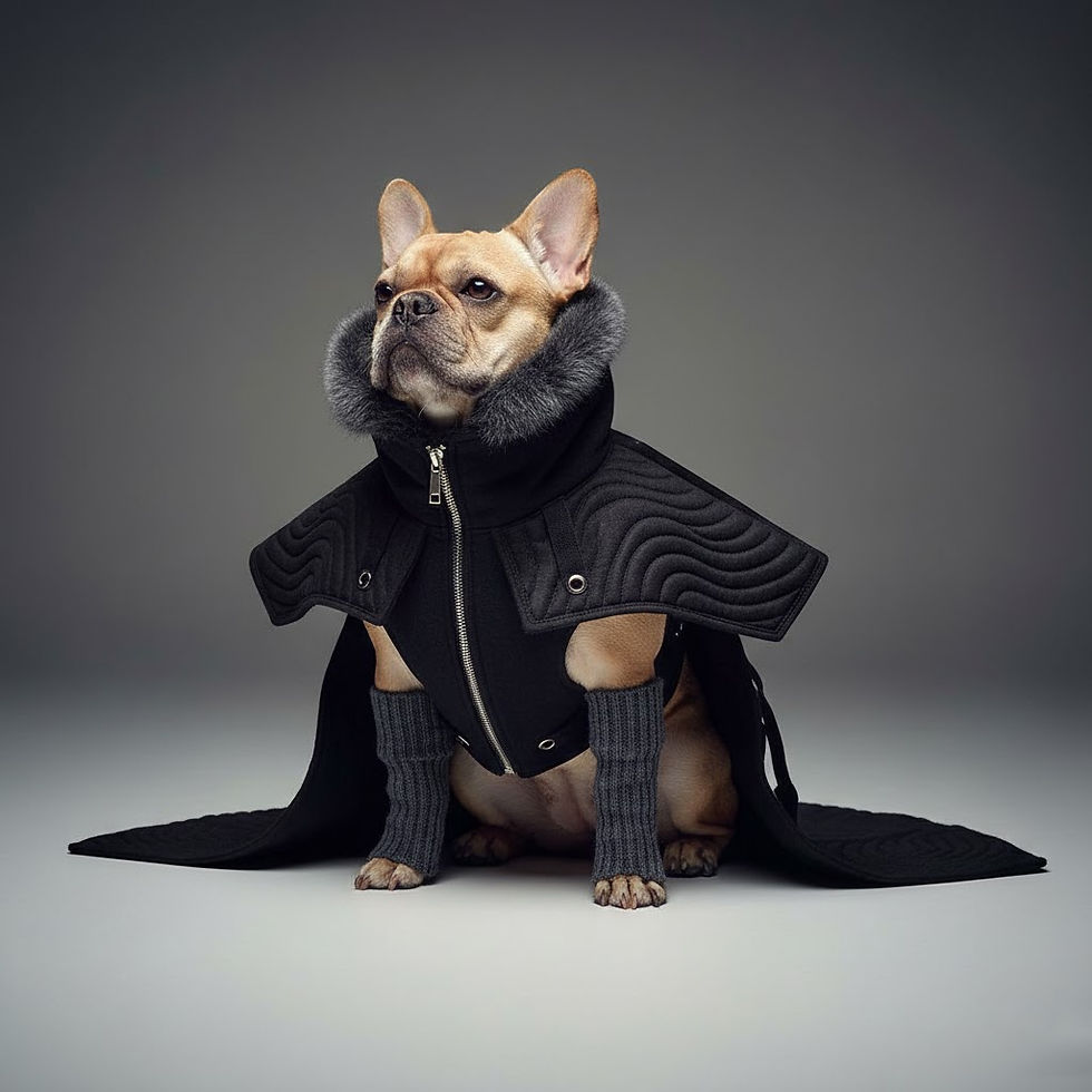 black qualted fabric french bulldog coat with fur. Black dog outfit with avant-garde style in all black style. Backround is minimal gray with shadow.