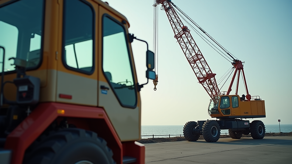 Close-up view of a mobile port crane’s control cabin and lifting mechanism