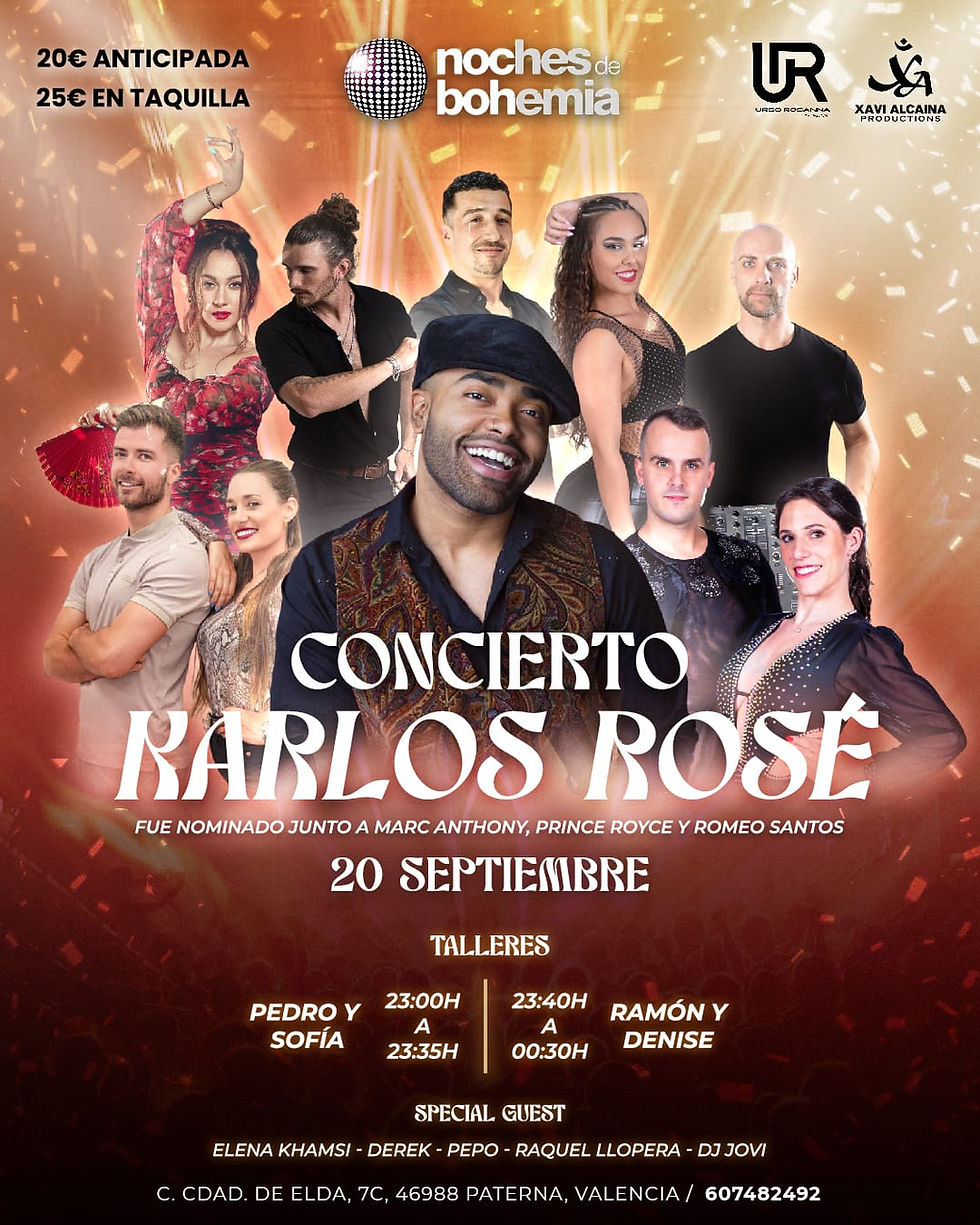 Karlos Rosé concert poster with dancers. Gold and red background, upbeat mood. Details: event date, workshops, and ticket prices.