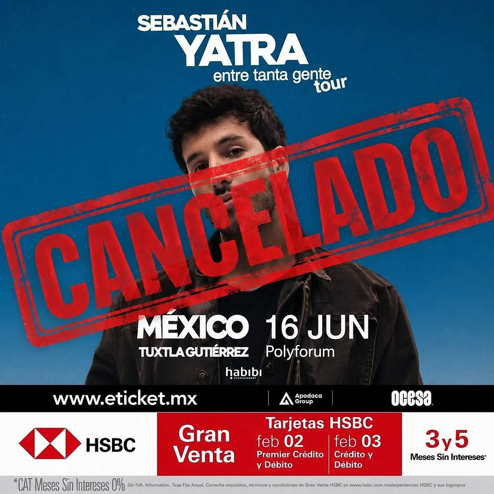 Sebastián Yatra tour poster with a large red CANCELED stamp over his portrait; blue background, Mexico show details and logos.