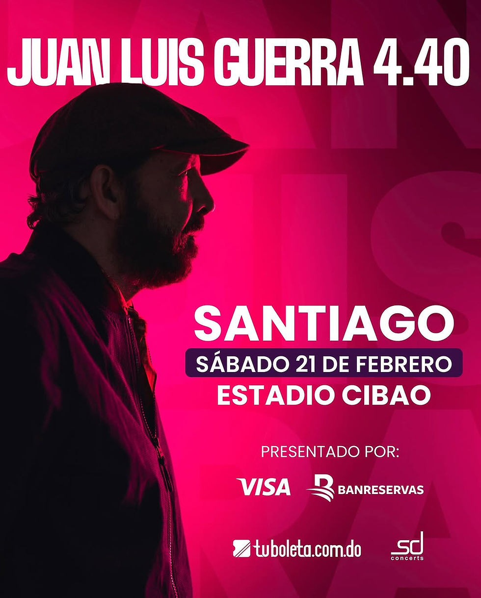 Silhouette of a man in profile against a pink background, with text promoting a concert in Santiago on February 21 at Estadio Cibao.