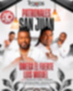 Four men in white shirts on a concert poster. Text: Patronales San Juan, Omega El Fuerte, June 20. RSVP info at the bottom.