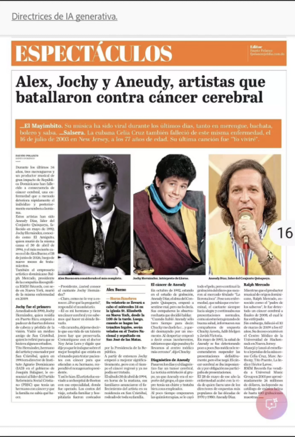 Spanish newspaper page titled ESPECTÁCULOS about Alex, Jochy and Aneudy battling brain cancer, with three portraits.