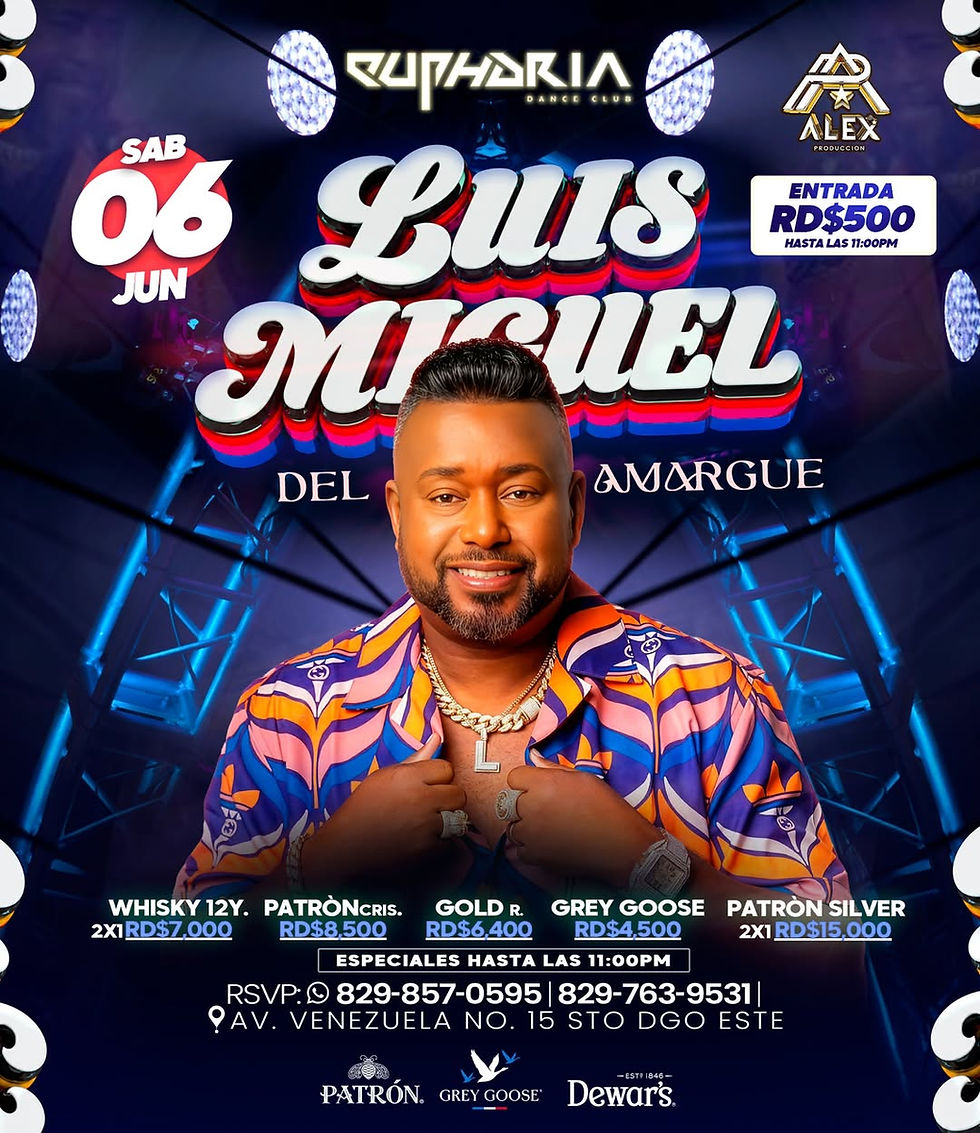 Man in colorful shirt at Euphoria Dance Club event. Bold text: Luis Miguel, Del Amargue. Info: June 6, RD$500. Blue, festive lights.