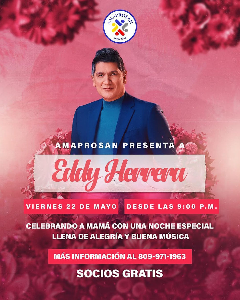 Man in a blue suit on a pink floral background. Text announces Eddy Herrera event by AMAPROSAN on May 22. Free for members.