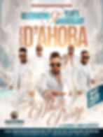 Poster for Grupo D’Ahora’s 9th anniversary all-white party, with five men in white suits and sunglasses over a tropical beach backdrop.
