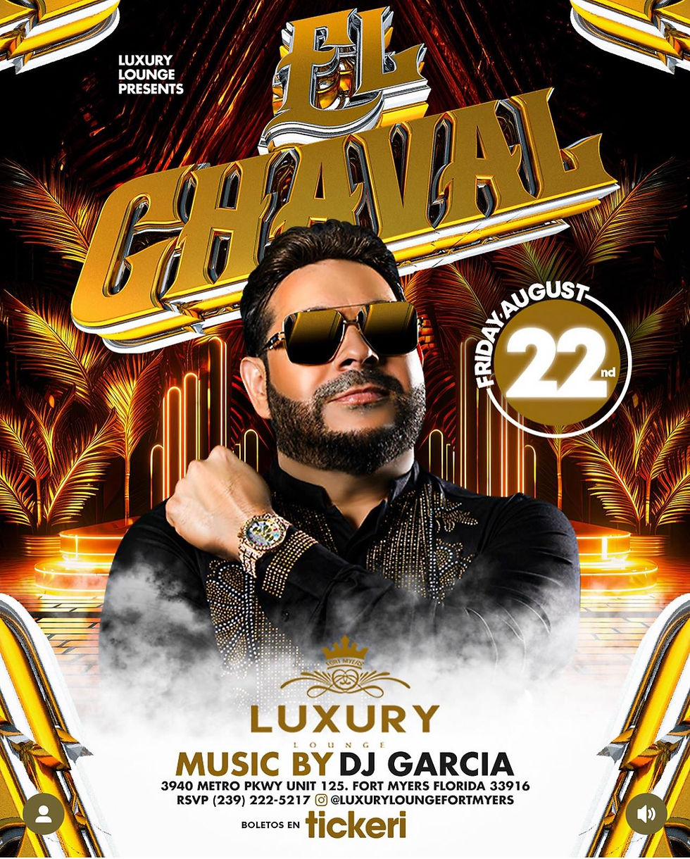 Man in sunglasses with a luxury watch and ornate shirt crosses arms. Background features gold patterns. Text: "El Chaval," event details.