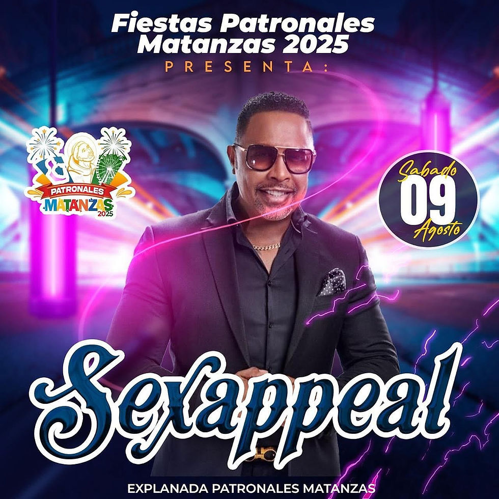 Man in sunglasses at a vibrant, neon-lit event poster for "Sexappeal" at Fiestas Patronales Matanzas 2025, Saturday, August 9.