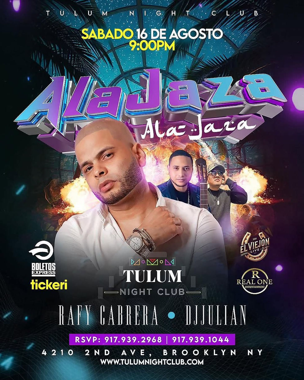 Ala Jaza performs at Tulum Night Club on August 16, 9 PM. Vibrant poster with three artists, blue and purple text, tropical backdrop.