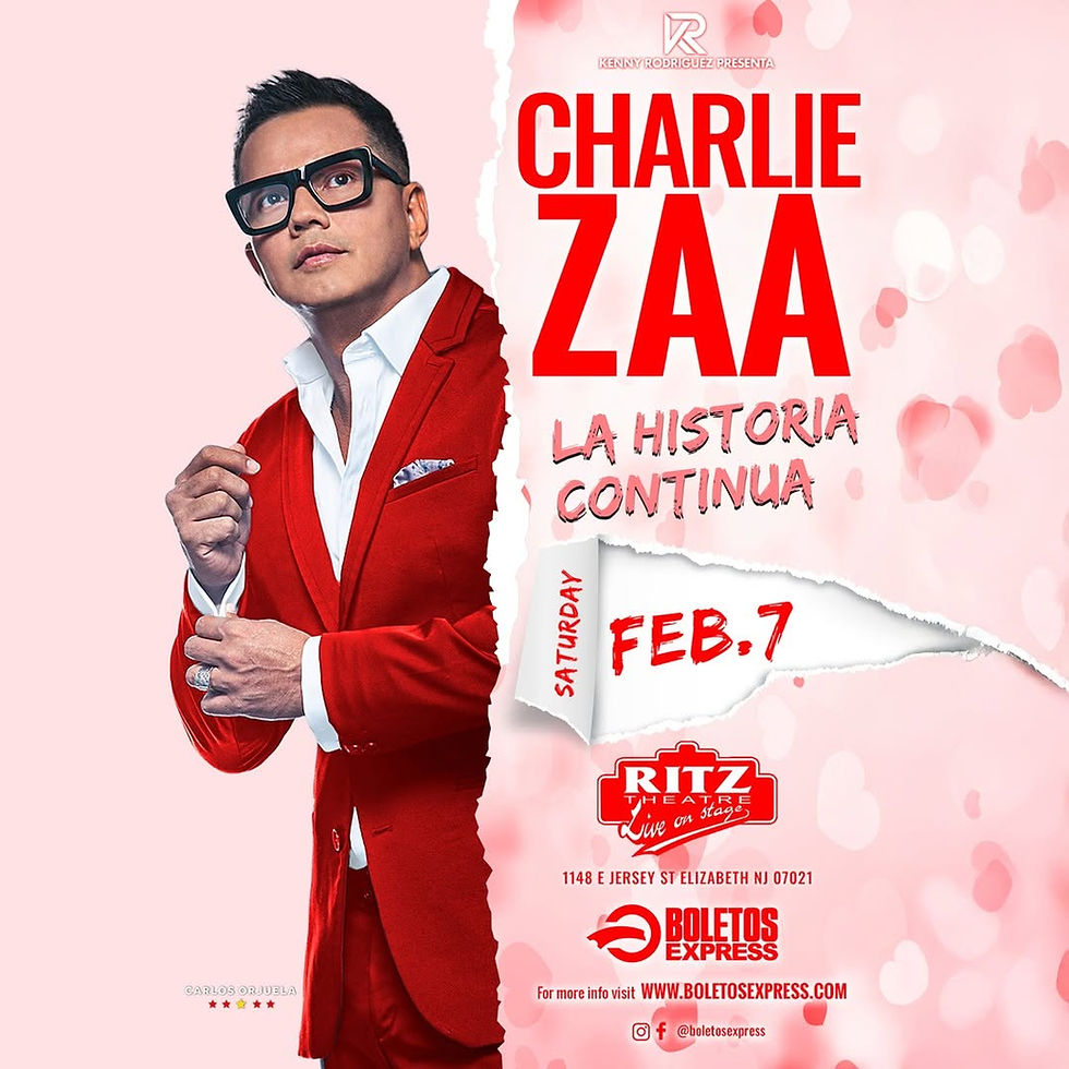 Man in red suit against pink backdrop, hand to chest. Text: Charlie Zaa, La Historia Continúa, Feb. 7, Ritz Theatre, Elizabeth, NJ.