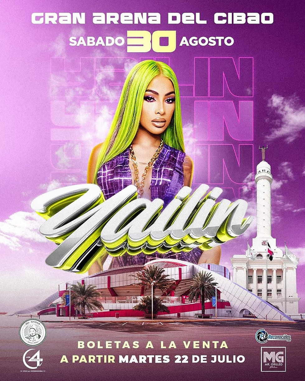 Poster for an event at Gran Arena del Cibao on August 30 featuring a person with neon green hair. Tickets on sale from July 22.