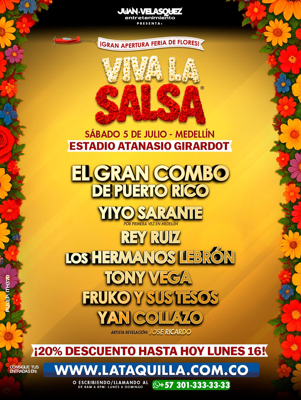 Vibrant salsa festival poster with floral borders, featuring artists like El Gran Combo, at Estadio Atanasio Girardot on July 5th.