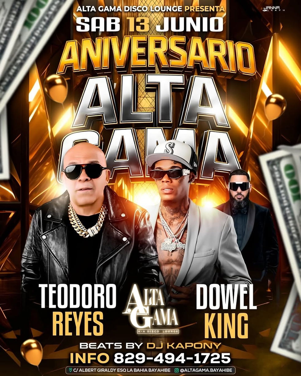 Gold-and-black concert poster for Alta Gama’s anniversary, showing three sunglasses-wearing men and Spanish event text with date and phone number
