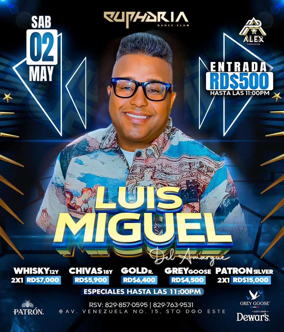 Man in colorful shirt, smiling, with club event details for Luis Miguel performance on May 2. Entry RD$500, drink specials listed.