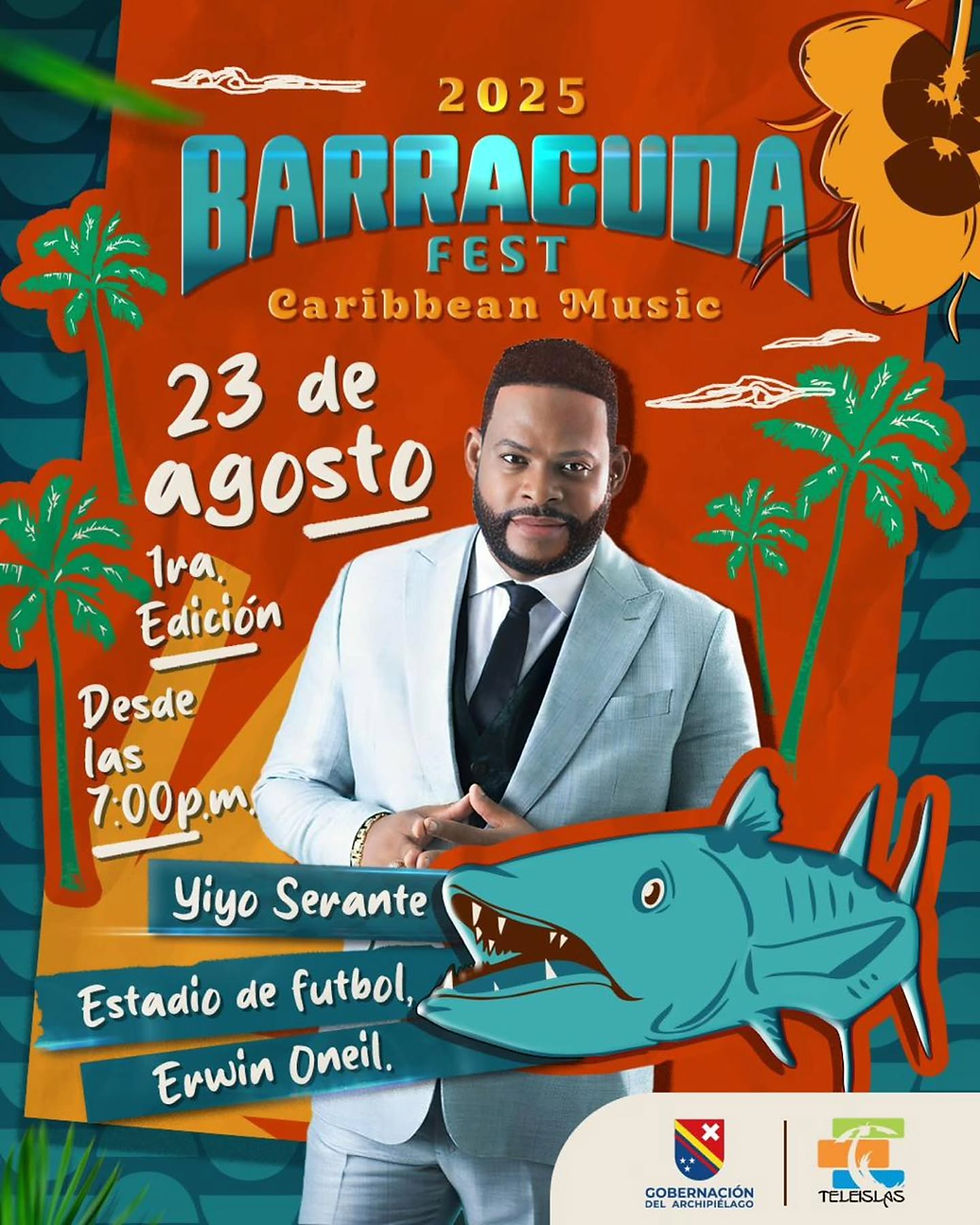 Man in a suit on a bright poster for 2025 Barracuda Fest, Caribbean Music. Date: 23 de agosto, at 7:00 p.m., Estadio de Futbol, Erwin Oneil.