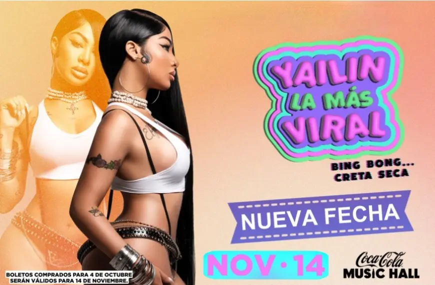 Woman in profile poses against an orange gradient. Text reads "Yailin La Más Viral" and "Nueva Fecha Nov 14." Coca-Cola Music Hall logo.