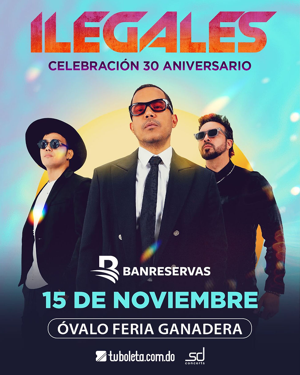 Three men in suits and sunglasses pose confidently on a colorful background. Text: ILEGALES, Celebración 30 Aniversario, 15 de Noviembre.