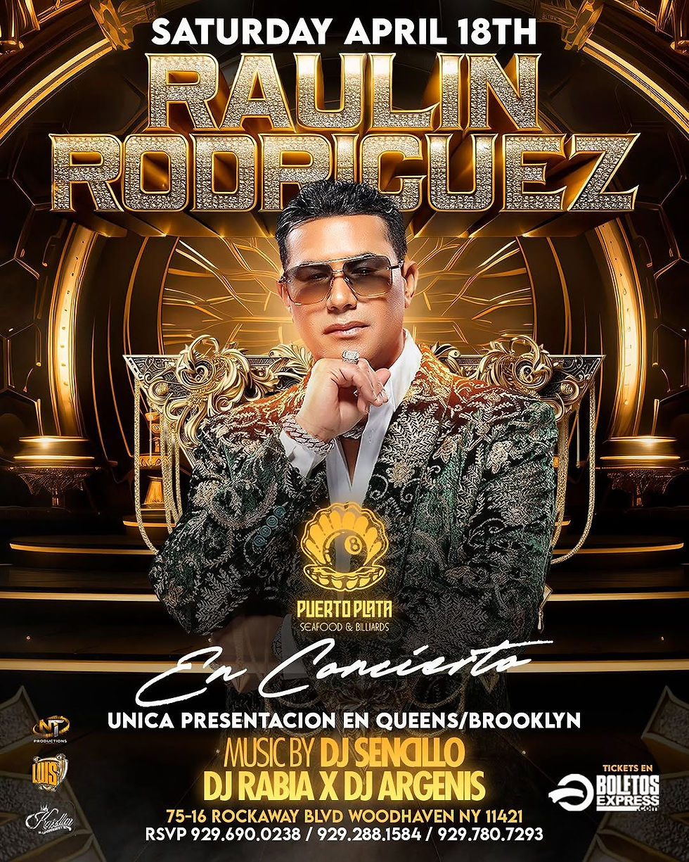 Man in sunglasses and patterned suit poses against ornate, gold backdrop. Text: Saturday April 18th, Raulín Rodríguez, En Concierto.
