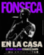Musician playing guitar under spotlight, bold purple "FONSECA" text above. Event details: October 24, 2026, Estadio El Campín. Mood: Energetic.