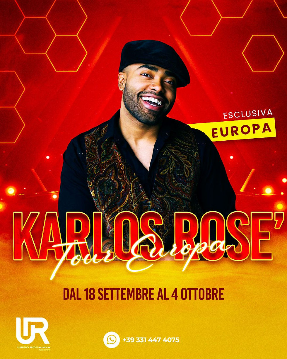 Smiling man in a paisley vest and cap on a red background with hexagons. Text: "Karlos Rose' Tour Europa, 18 Settembre al 4 Ottobre."