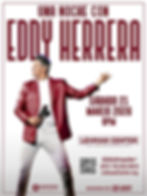 Singer in a red jacket holds a microphone. Text: "Una Noche Con Eddy Herrera," event details, "Lehman Center," and contact info.
