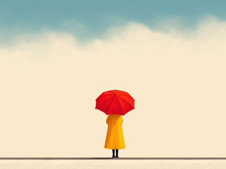 Midlife woman walking in the rain, in a yellow coat, holding a red umbrella, reflecting on her career and life choices