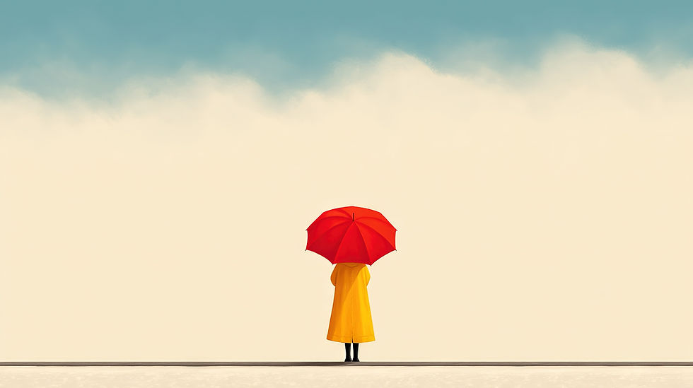 Midlife woman walking in the rain, in a yellow coat, holding a red umbrella, reflecting on her career and life choices