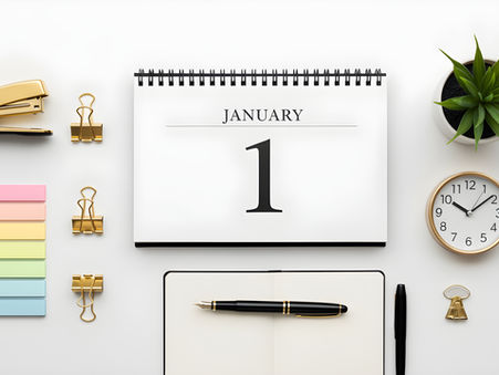 A meticulously organised desk featuring a January 1st calendar, neatly arranged stationery, and a small clock, symbolising the cultural pressure to begin the year perfectly. Patricia Ezechie Creating the Career You Want