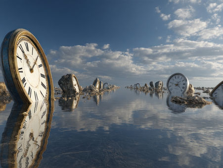 Surreal image of melting clocks floating in water, symbolising the illusion of perfect timing and the fluid nature of time during midlife reflection. Patricia Ezechie Creating the Career You Want.