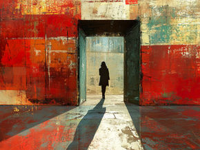 Woman walking through a door to a sunlit path, symbolising new opportunities in midlife career change.