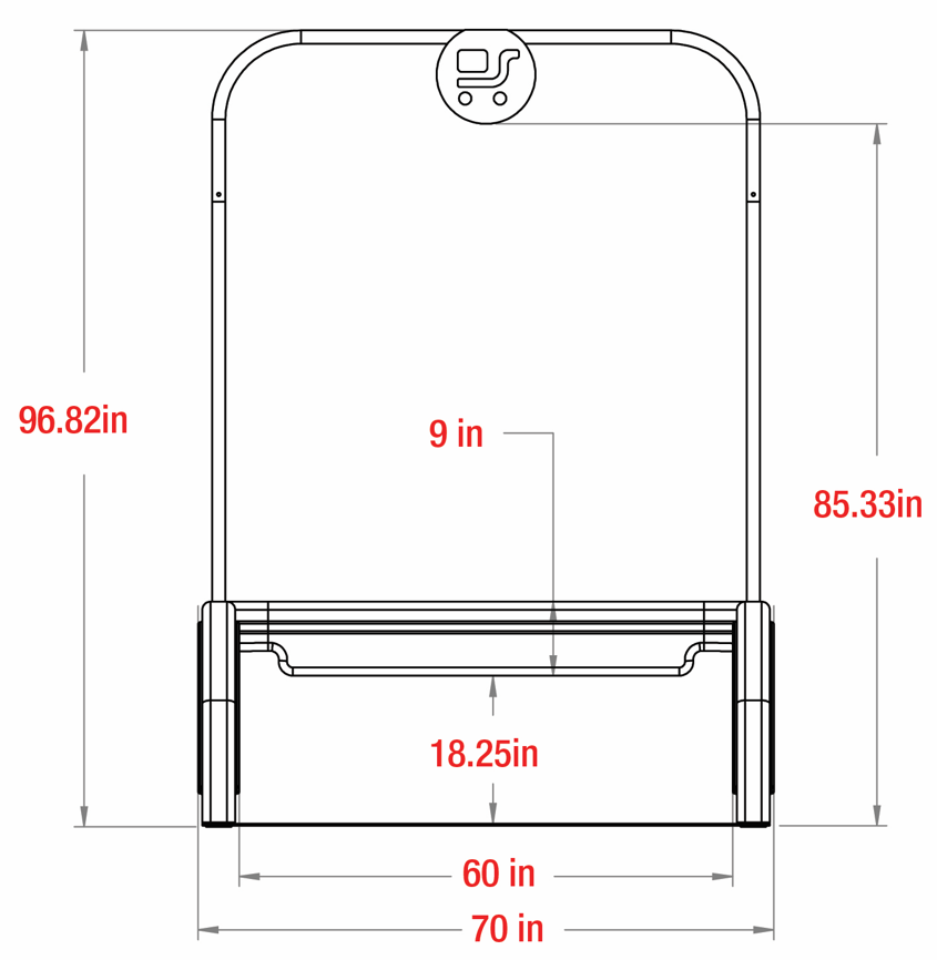 Thumbnail: RTS Retail rotomolded large plastic and steel cart corral front dimensions on white background