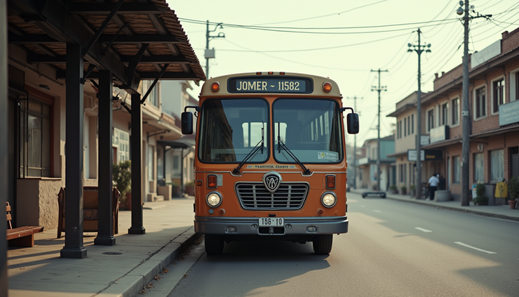 Eye-level view of a traditional diesel bus parked at a town bus stop