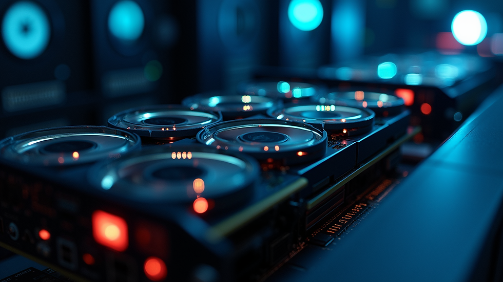 Close-up view of a GPU cluster with blinking lights in a server room