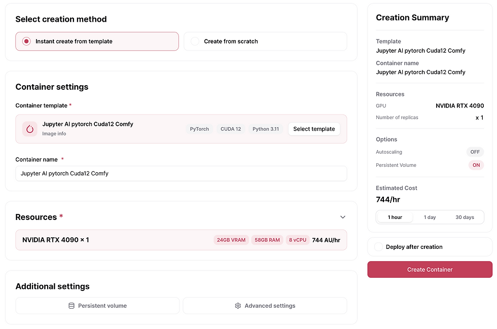 AirCloud container creation screen using a pre-built template, showing the Jupyter AI PyTorch CUDA12 Comfy template selected with NVIDIA RTX 4090 resource