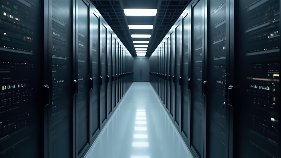 Eye-level view of a modern data center with rows of GPU servers