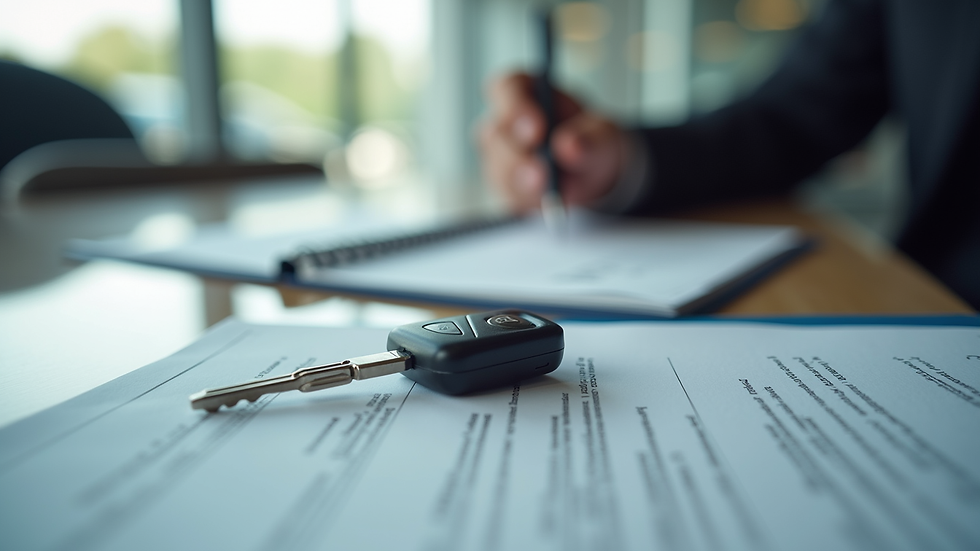 Close-up view of a car key and contract on a dealership desk
