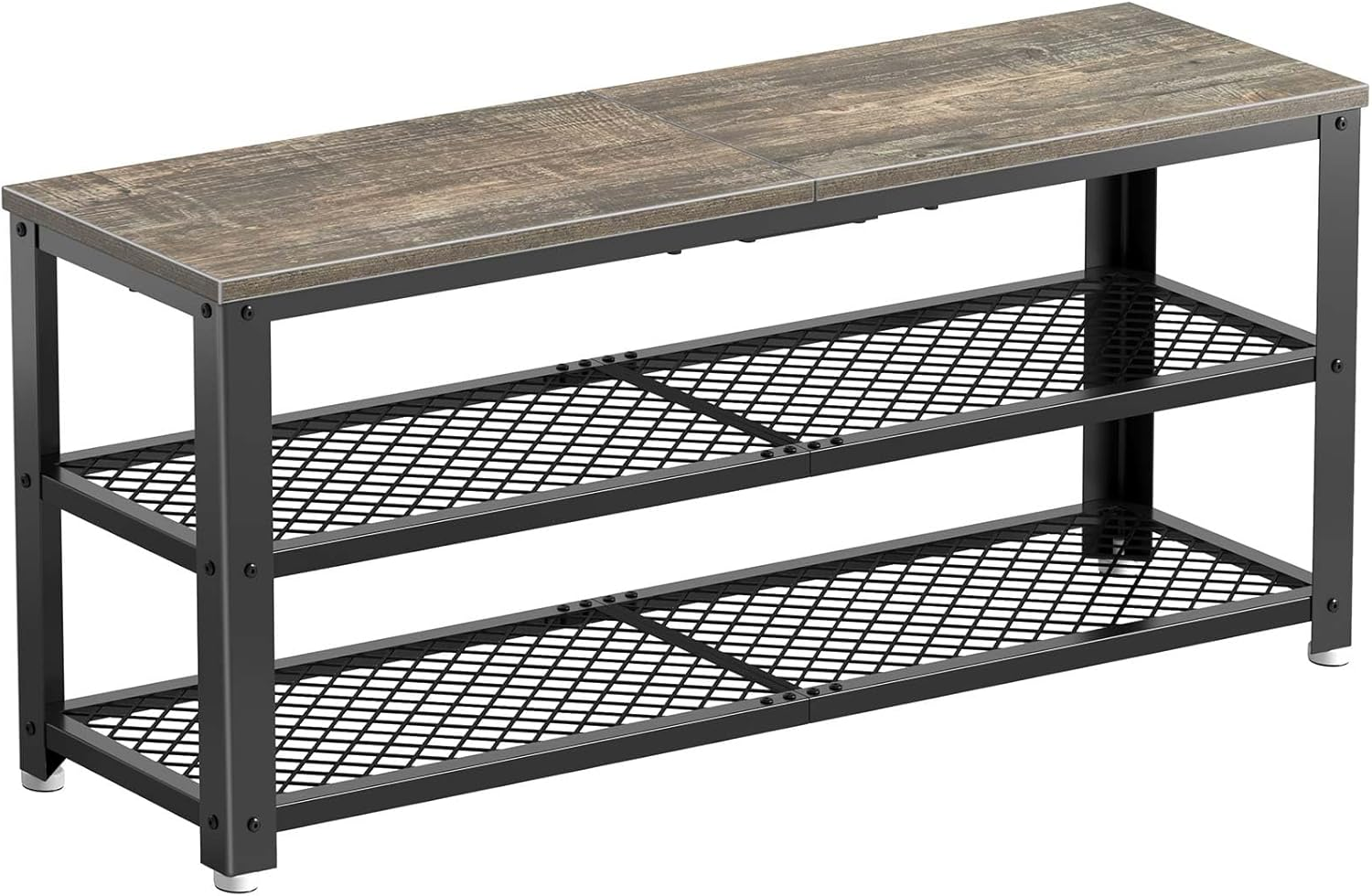 Shoe Bench, 3-Tier Shoe Rack, 39.4” Storage Entry Bench with Mesh Shelves Wood S