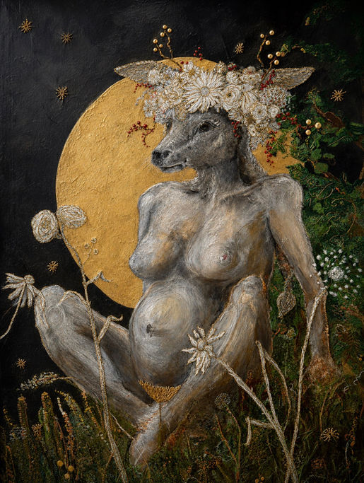 stag woman on canvas at the sea at night gold full moon giving birth embroidery gold flowers