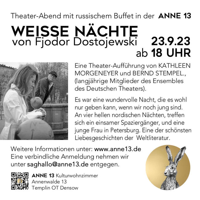 anne 13 flyer fjodor dostojewski maria simon uckermark brandenburg templin landgasthof mit kulturwohnzimmer lesung kulturbrunch  weisse nächte