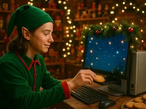 Pixel the elf trying to feed cookies to computer