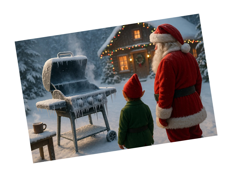 santa and an elf at a frozen bbq