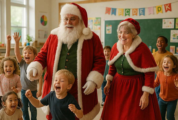 santa and mrs claus with children