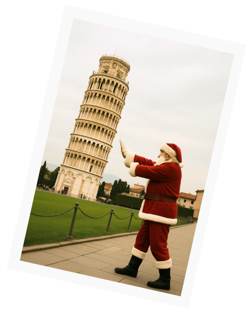 santa holding up the leaning tower of piza