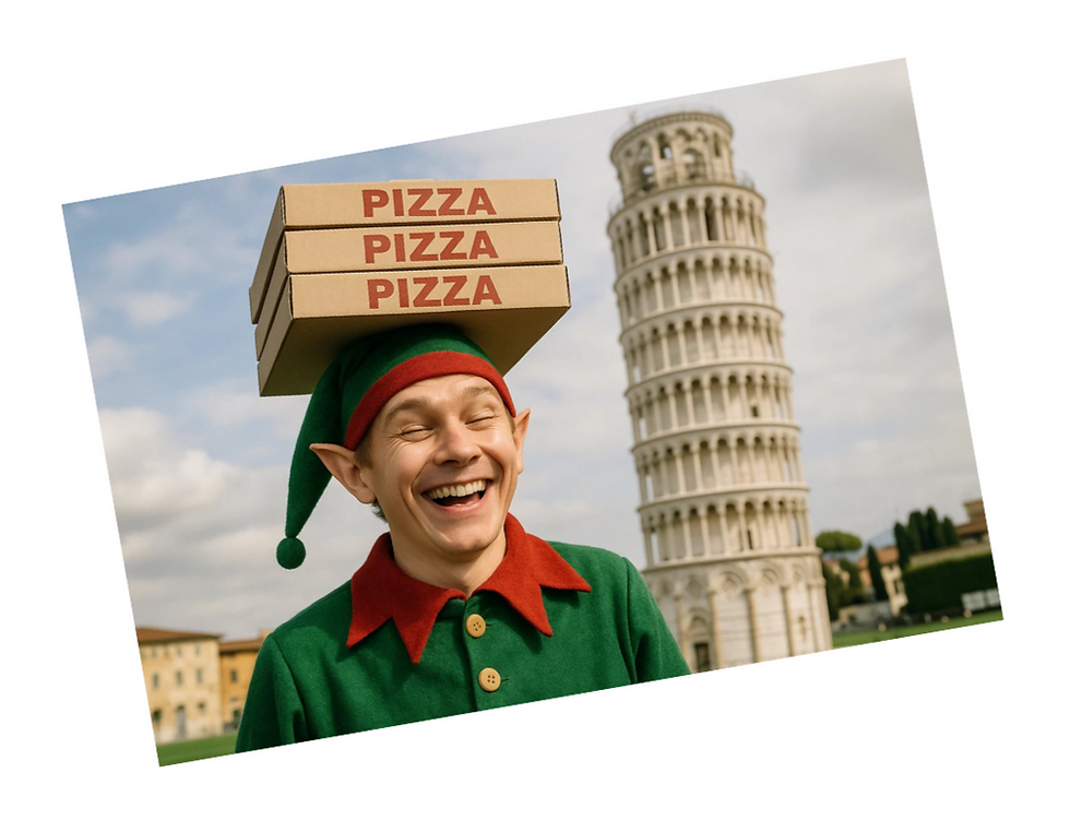 an elf with pizza boxes on his head at the leaning tower of piza