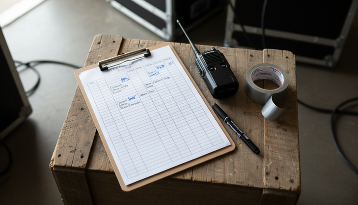Overhead view of a handwritten event timing sheet beside a walkie-talkie and gaffer tape on a wooden crate.