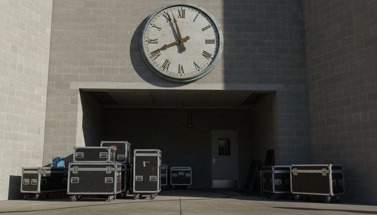Low-angle view of a venue clock above a service entrance with event cases waiting below.