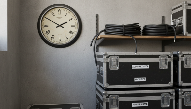 Close-up view of an analogue clock beside coiled audio cables in a venue storage area.