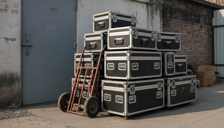 Wide-angle view of stacked event flight cases near a service entrance at a venue.